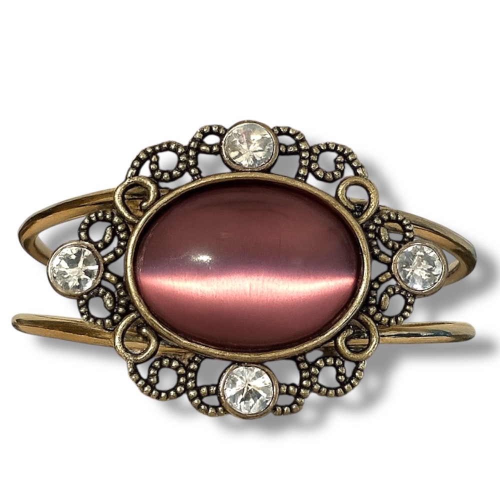 Vintage oval cats eye brass art deco statement cuff bracelet